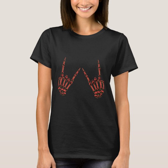 T-shirt Rock On Rock Et Roll Skeleton Mains - Pour Concert (Devant)