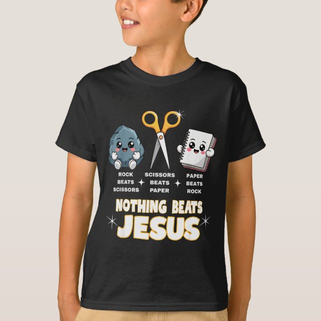 T-shirt Rock Paper Scissors But Nothing Beats Jesus Funny  (Devant)