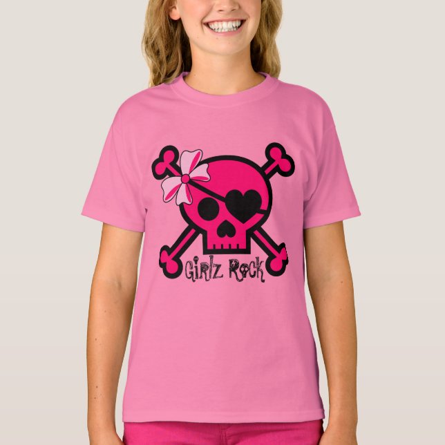 T-shirt Rock Skull and Pink Bow Girls (Devant)
