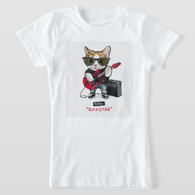 T-shirt rock Star (A white t-shirt with a square design in the center, featuring a cat dressed as a rockstar.)