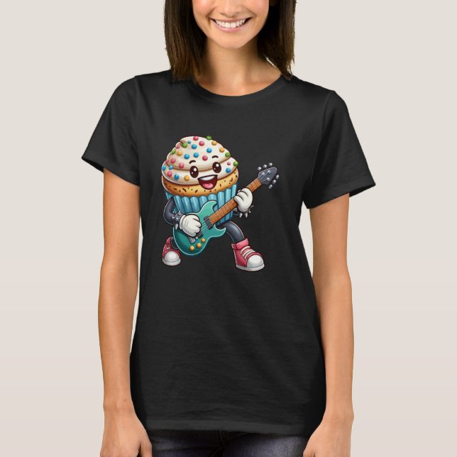 T-shirt Rock Star Cupcake Cartoon Character Funny Guitar P (Devant)