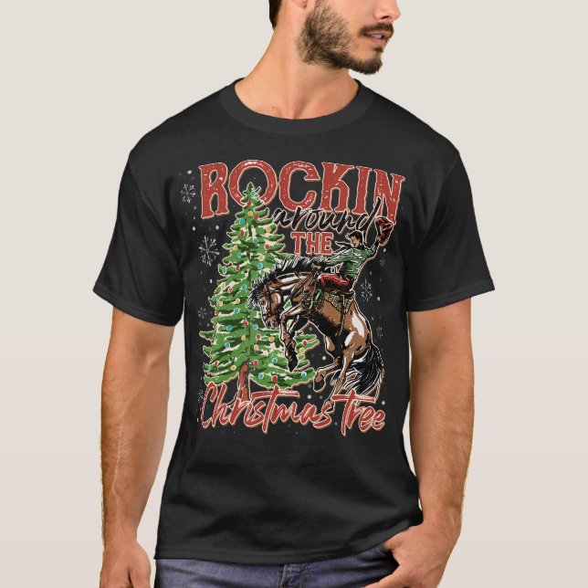 T-shirt Rockin' Autour De L'Arbre À Cowboy De Noël Père No (Devant)