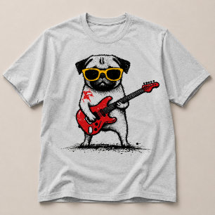 T-shirt Rockstar Pug Chien Jouant de la Guitare Électrique