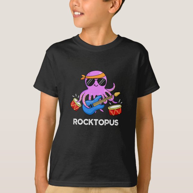 T-shirt Rocktopus Funny Rock Band Octopus Pun Dark BG (Devant)