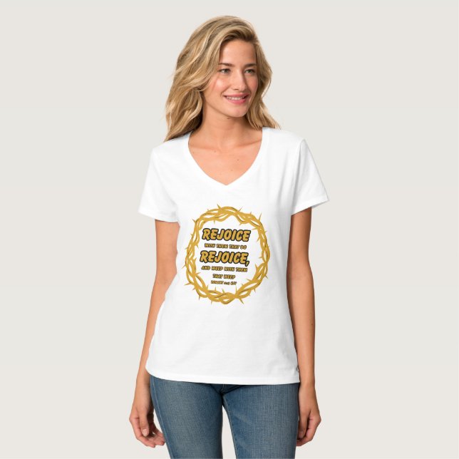 T-shirt Romains 12:15 KJV Bible Écriture Femme V-Neck (Devant entier)
