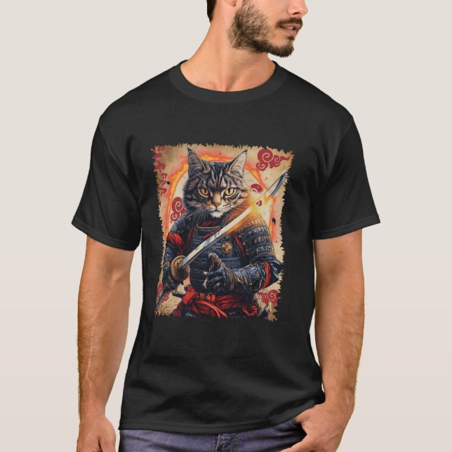 T-shirt Ronin Samurai Chat Warrier avec Katana Feline Bush (Devant)