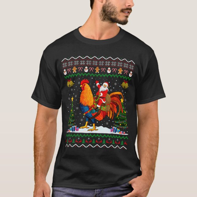 T-shirt Rooster Ugly Xmas Gift Santa Riding Rooster Christ (Devant)