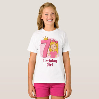 T-shirt Rose 7e anniversaire fille avec Couronne et Bow