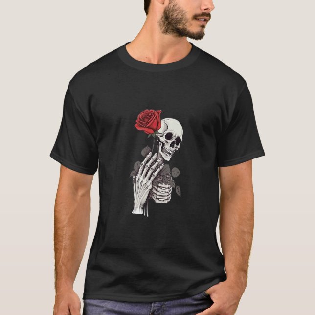 T-shirt Rose À Main Tête De Crâne Et Squelette (Devant)