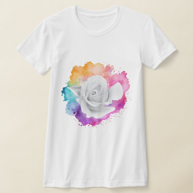 T-shirt Rose blanche avec Arrière - plan arc-en-ciel (Poser)