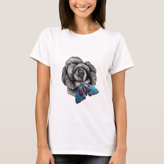 T-shirt Rose en pierre et papillon bleu (Devant)