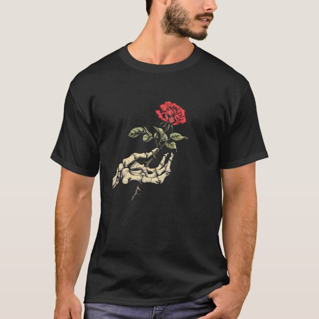 T-shirt Rose esthétique Fleur Blanc Squelette Main Holding (Devant)