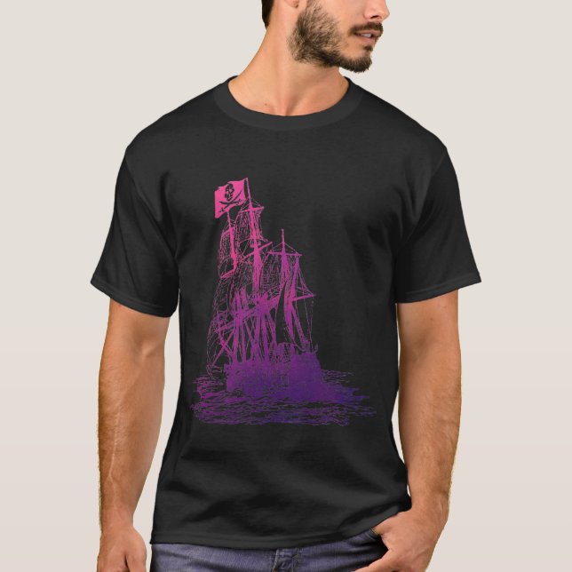 T-shirt rose et pourpre de bateau de pirate (Devant)