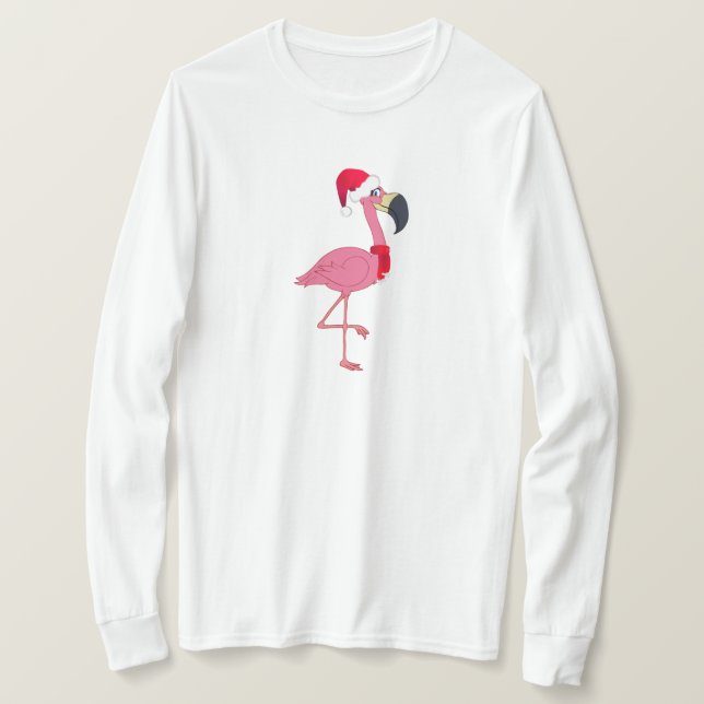 T-shirt rose Flamant rose de Noël à manches longue (Design devant)