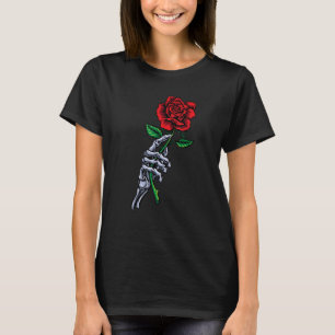 T-shirt Rose Fleur Squelette Main tenant Une Rose Rouge