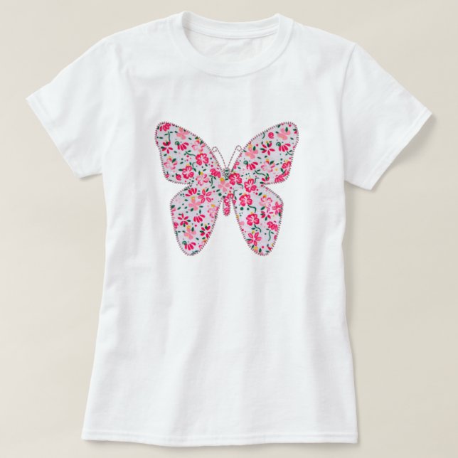 T-shirt Rose floral de papillon de tissu d'Applique (Design devant)