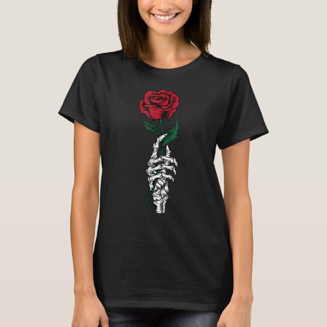 T-shirt Rose Flower White Skeleton Hand Holding A Red Rose (Devant)