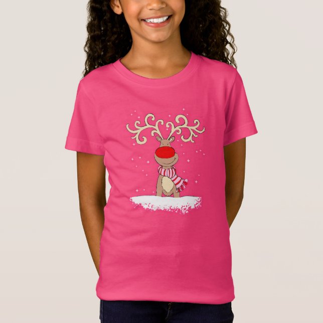 T-shirt rose girly de renne au nez rouge (Devant)