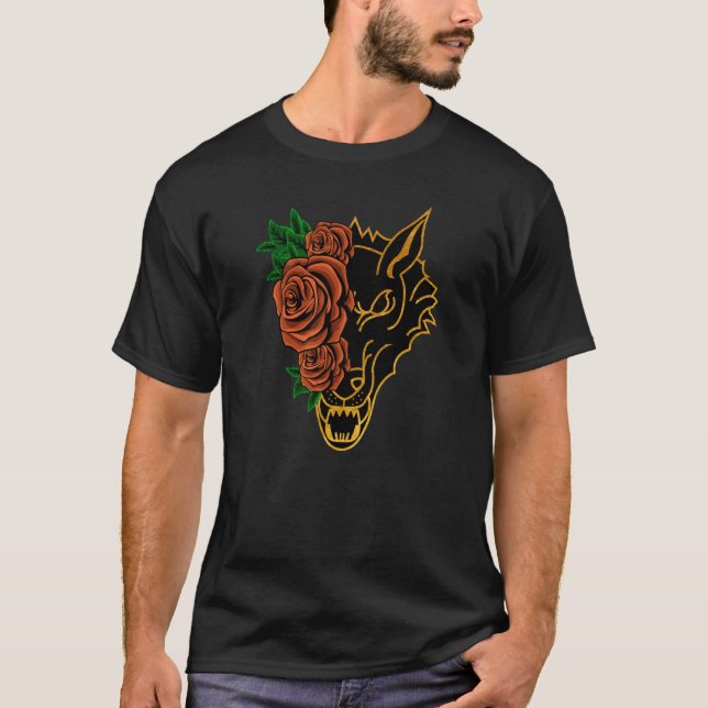 T-shirt Rose Half Wolf Face Aesthetic Retro Nostalgia ON B (Devant)