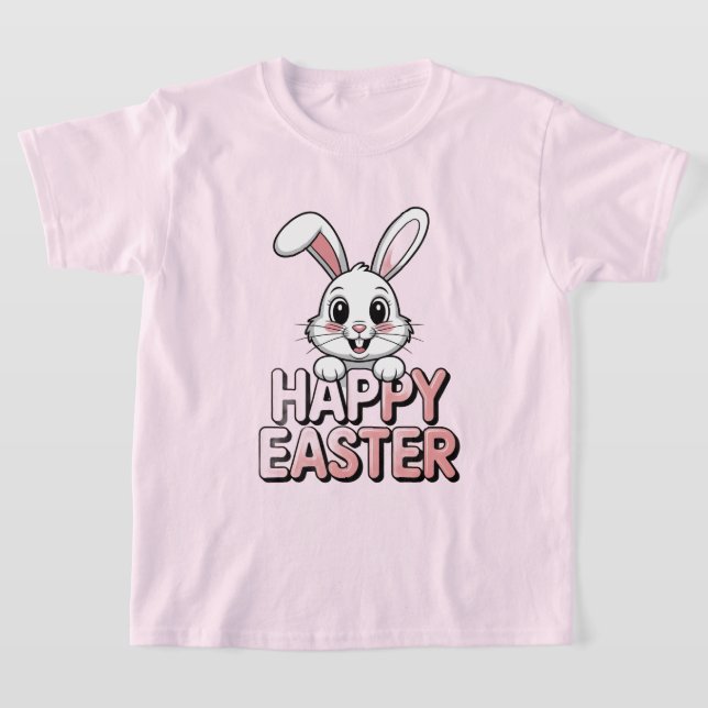 T-Shirt Rose Lapin de Pâques Heureux Blanc (Poser)