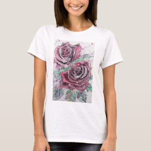 T-shirt Rose rouge Aquarelle Encre peinture art T Chemise