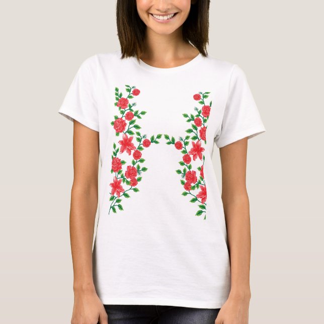 T-shirt Rose rouge avec pétales détaillés, représenté dans (Devant)