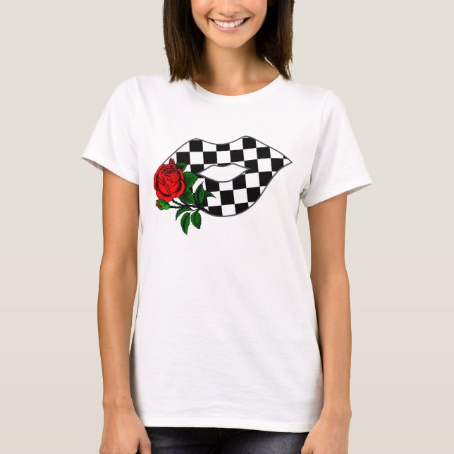 T-shirt Rose rouge de baiser Checkered de lèvres (Devant)