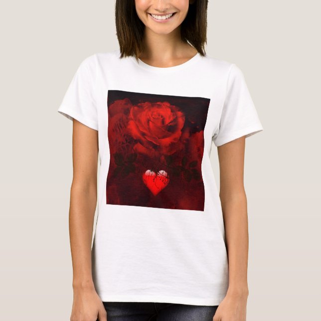 T-shirt Rose rouge et coeur (Devant)