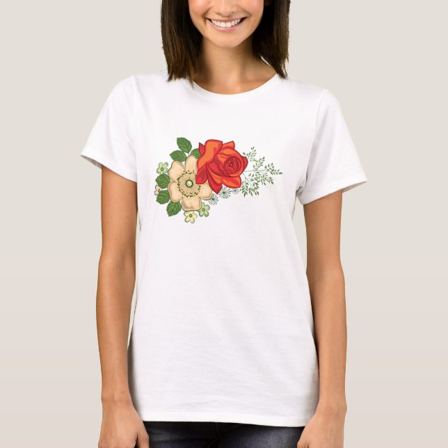 T-shirt Rose rouge et marguerites (Devant)