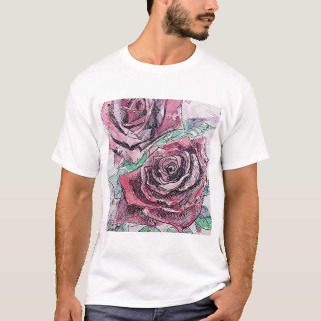 T-shirt Rose rouge Fleurs d'aquarelle peinture florale (Devant)