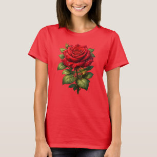 T-shirt Rose Rouge Réaliste avec Gouttes de Rosée