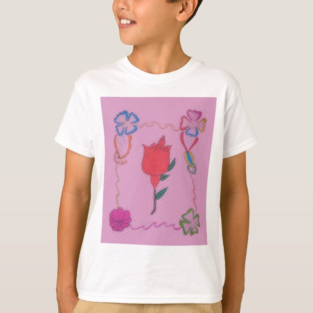T-shirt Rose rouge sur rose : Art Floral Frontière Imprime (Devant)