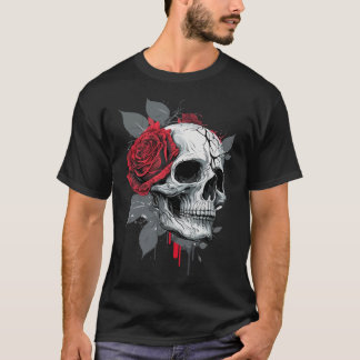 T-shirt Rose Skeleton Skull main rouge Fleur Rose