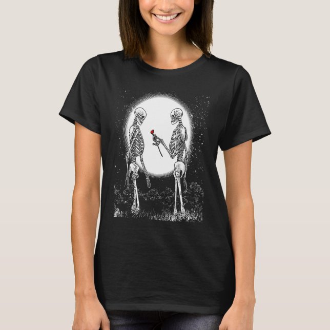 T-shirt Rose Squelette Squelette Main Rouge Rose Fleur (Devant)
