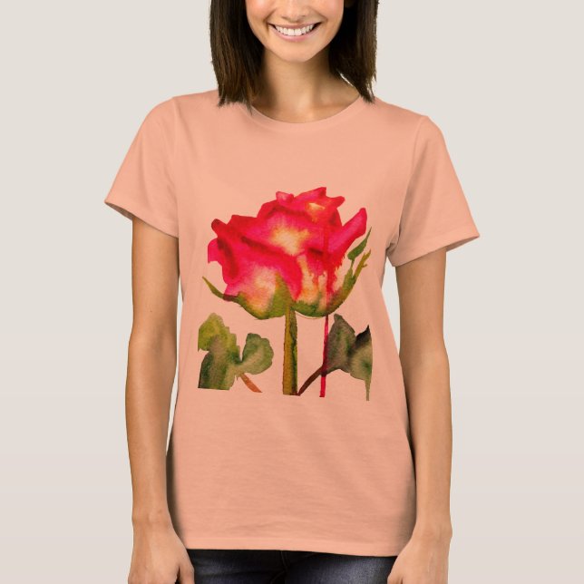 T-shirt Rose thé hybride aquarelle art floral moderne (Devant)