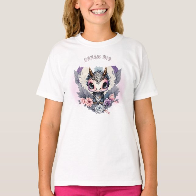 T-shirt Rose Whimsical "Dream Big" Petit Dragon (Devant)