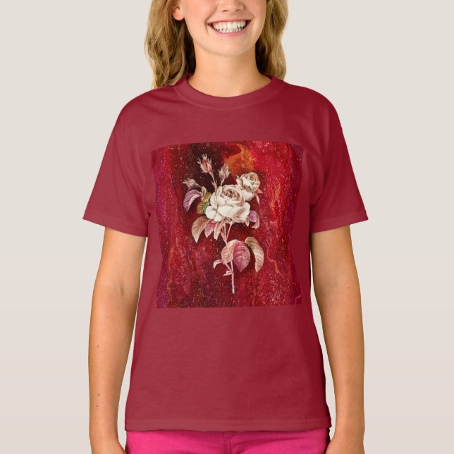 T-shirt Roses blanches sur fond texturé rouge foncé (Devant)