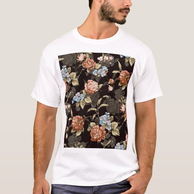 T-shirt Roses botaniques : motif floral abstrait. (Devant)