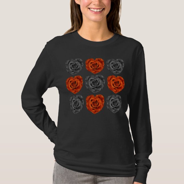T-shirt Roses De Forme Coeur Noir Et Orange D'Halloween (Devant)