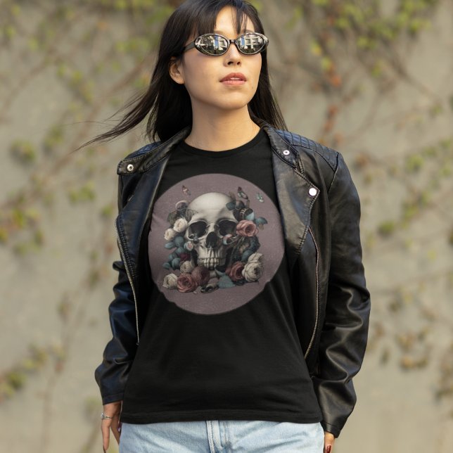 T-shirt Roses Du Crâne Et Papillons En Mauve Texturé (Créateur téléchargé)