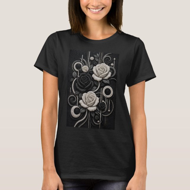 T-shirt Roses Noir & Blanc 3D Micro Mosaic (Devant)