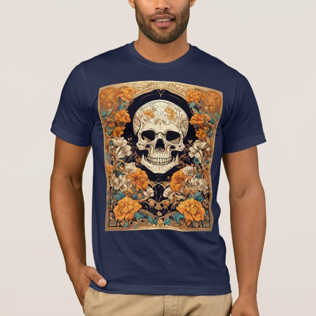 T-shirt Roses Oranges Autour D'Un Cranium Art Nouveau Des (Devant)