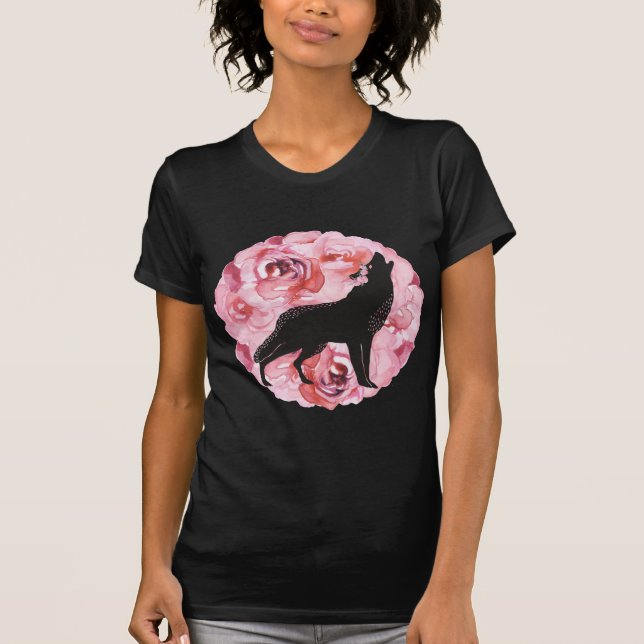 T-shirt Roses roses et chemise noire de loup d'hurlement (Devant)