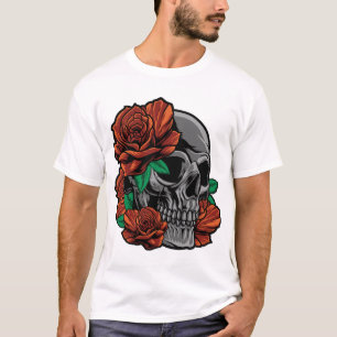T-shirt Roses Rouges Avec Crâne Jardin Fleurs Ros