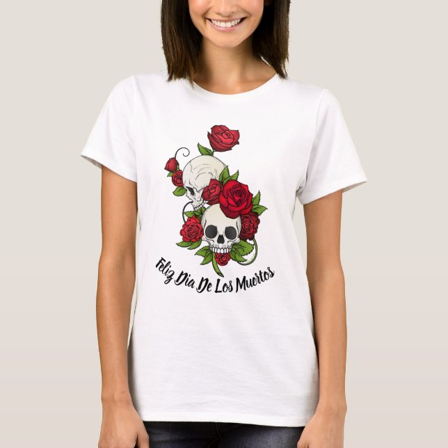 T-shirt Roses rouges et crânes Joyeux Jour des Morts (Devant)