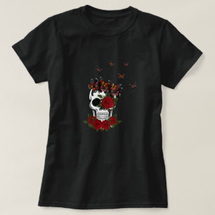 T-shirt Roses Rouges vintages Et Crâne Papillon