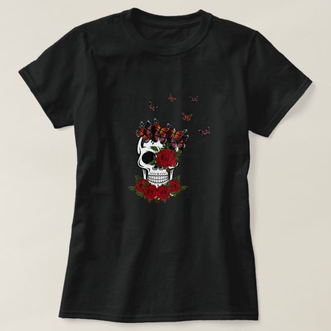 T-shirt Roses Rouges vintages Et Crâne Papillon (Design devant)