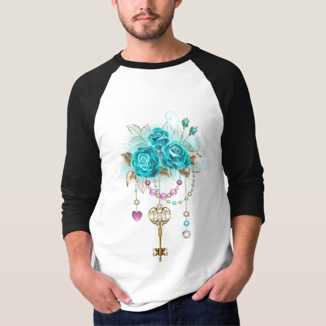 T-shirt Roses turquoise avec touches (Devant)