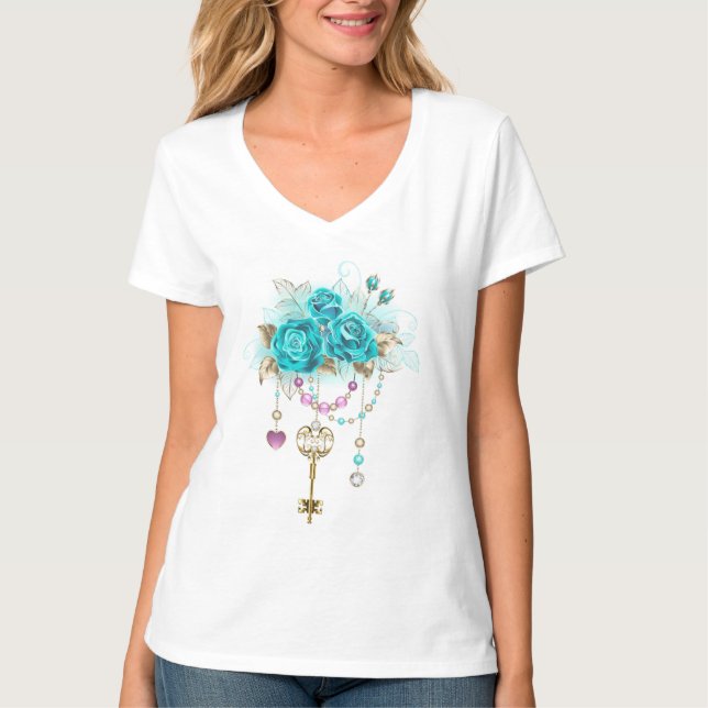 T-shirt Roses turquoise avec touches (Devant)