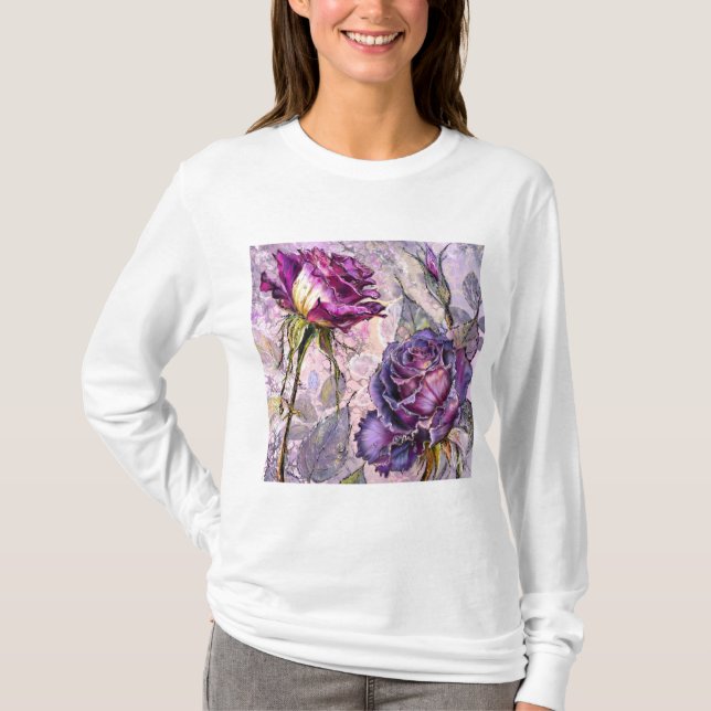T-Shirt Roses Violettes Peintes (Devant)